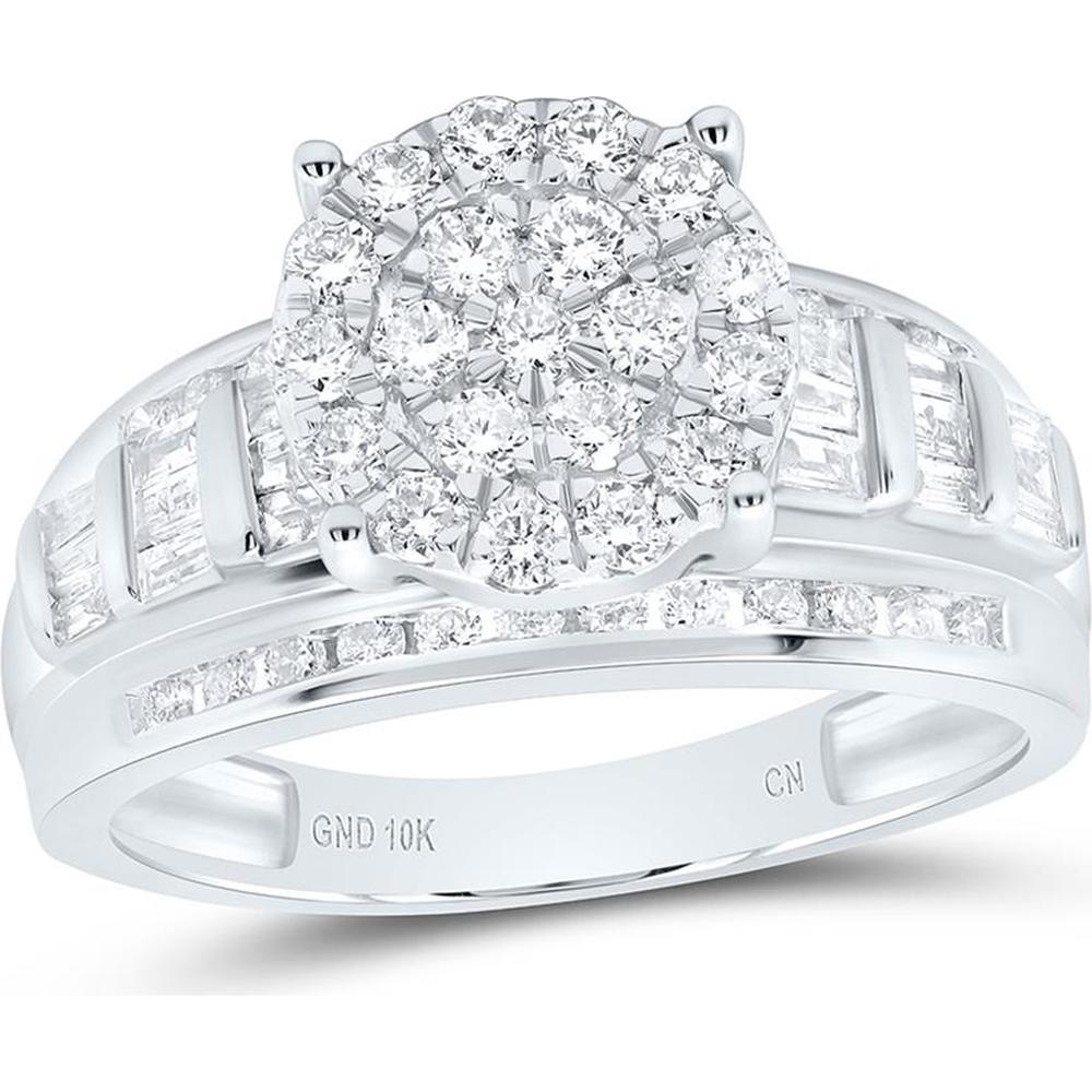 10K White Gold Round and Baguette Diamond Cluster Engagement Ring - 7/8 Carat Total Diamond Weight