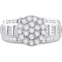 10K White Gold Round and Baguette Diamond Cluster Engagement Ring - 7/8 Carat Total Diamond Weight