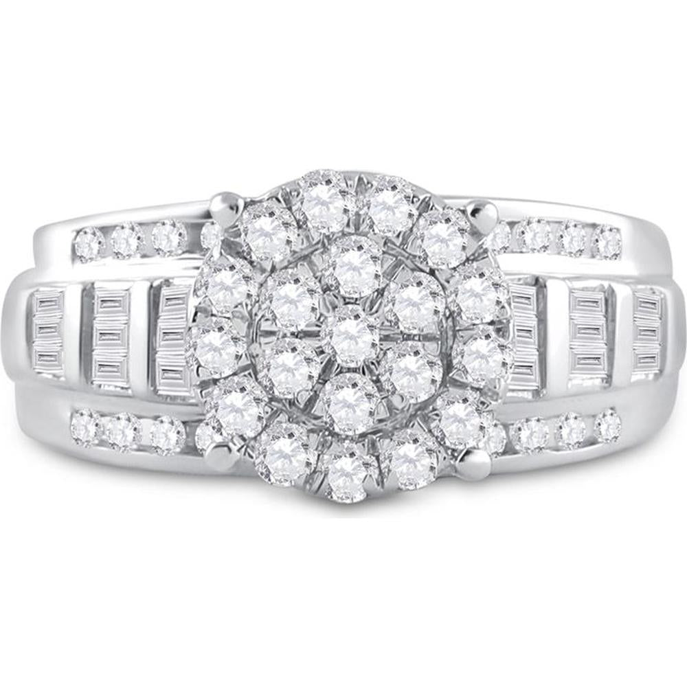 10K White Gold Round and Baguette Diamond Cluster Engagement Ring - 7/8 Carat Total Diamond Weight