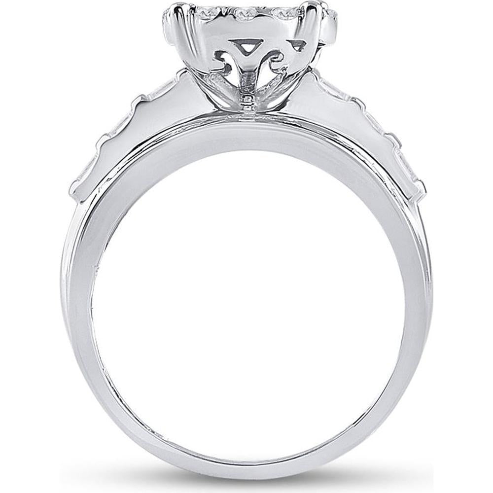 10K White Gold Round and Baguette Diamond Cluster Engagement Ring - 7/8 Carat Total Diamond Weight