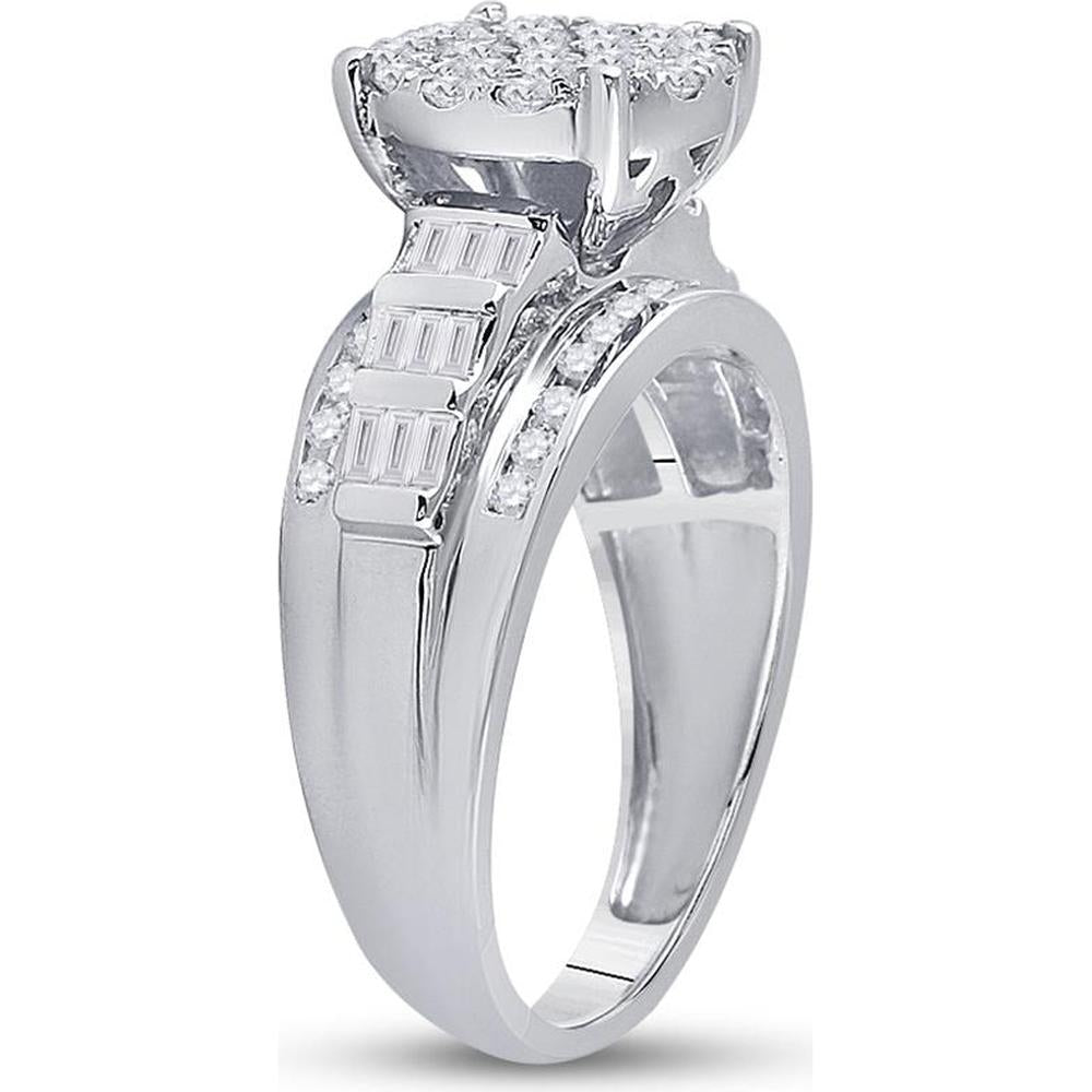 10K White Gold Round and Baguette Diamond Cluster Engagement Ring - 7/8 Carat Total Diamond Weight