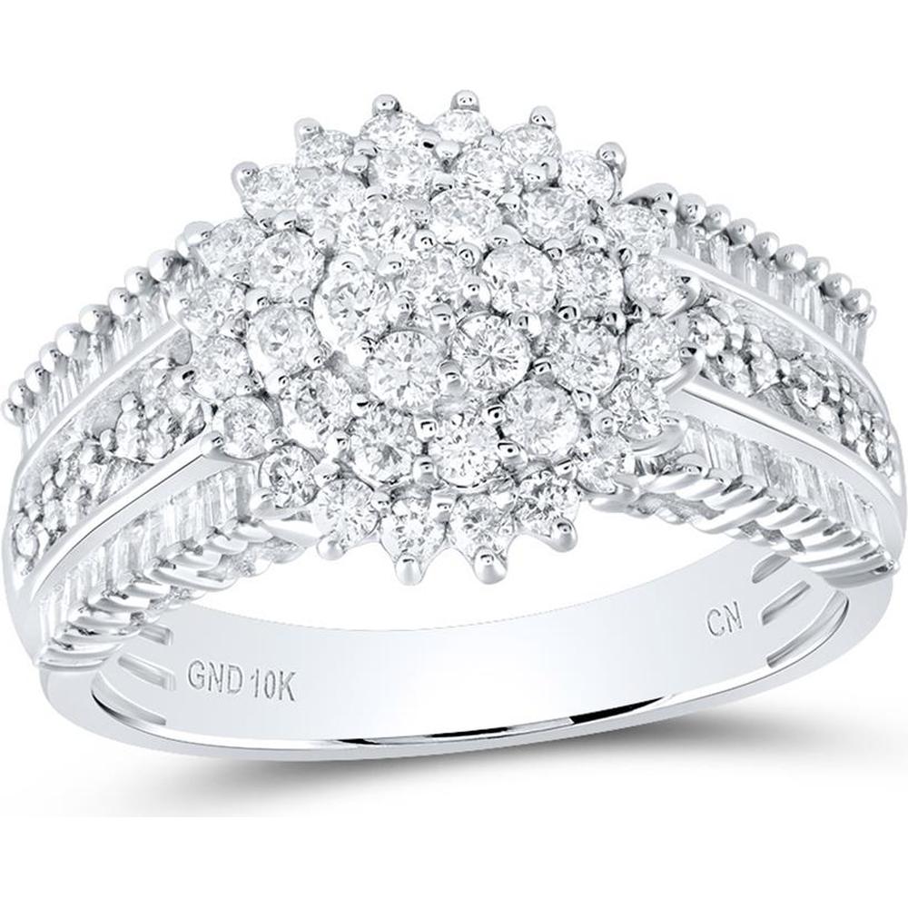 10K White Gold Round and Baguette Diamond Cluster Ring - 1 Carat Total Diamond Weight