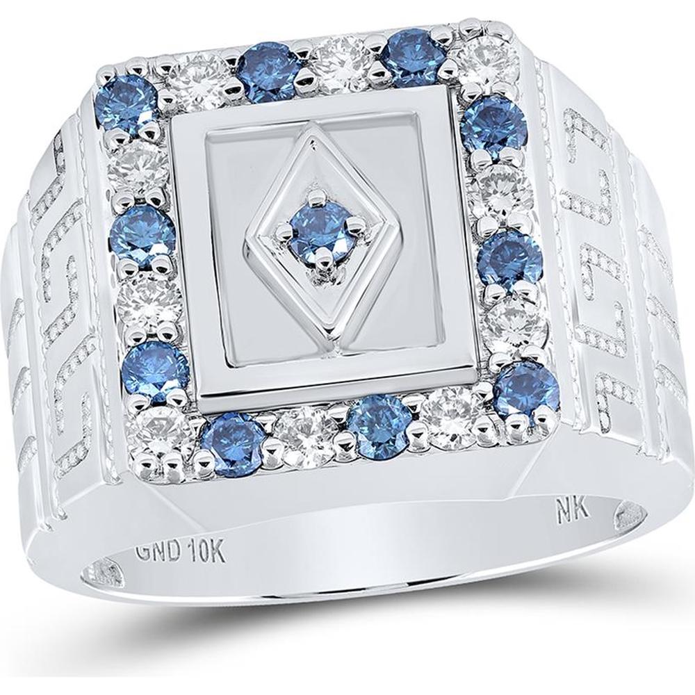 10K White Gold Round Blue Diamond Square Ring with G-H Round Diamonds - 1.5 Carat Total Carat Weight