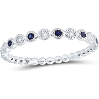 10K White Gold Round Blue Sapphire and Diamond Beaded Dot Stackable Band Ring - 0.15 Carat Total Gemstone Weight