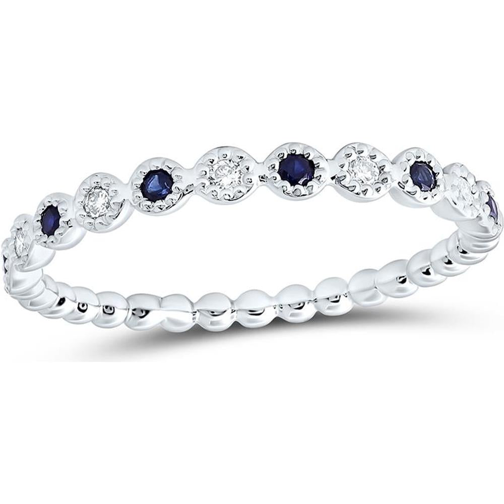 10K White Gold Round Blue Sapphire and Diamond Beaded Dot Stackable Band Ring - 0.15 Carat Total Gemstone Weight