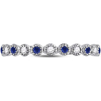10K White Gold Round Blue Sapphire and Diamond Beaded Dot Stackable Band Ring - 0.15 Carat Total Gemstone Weight