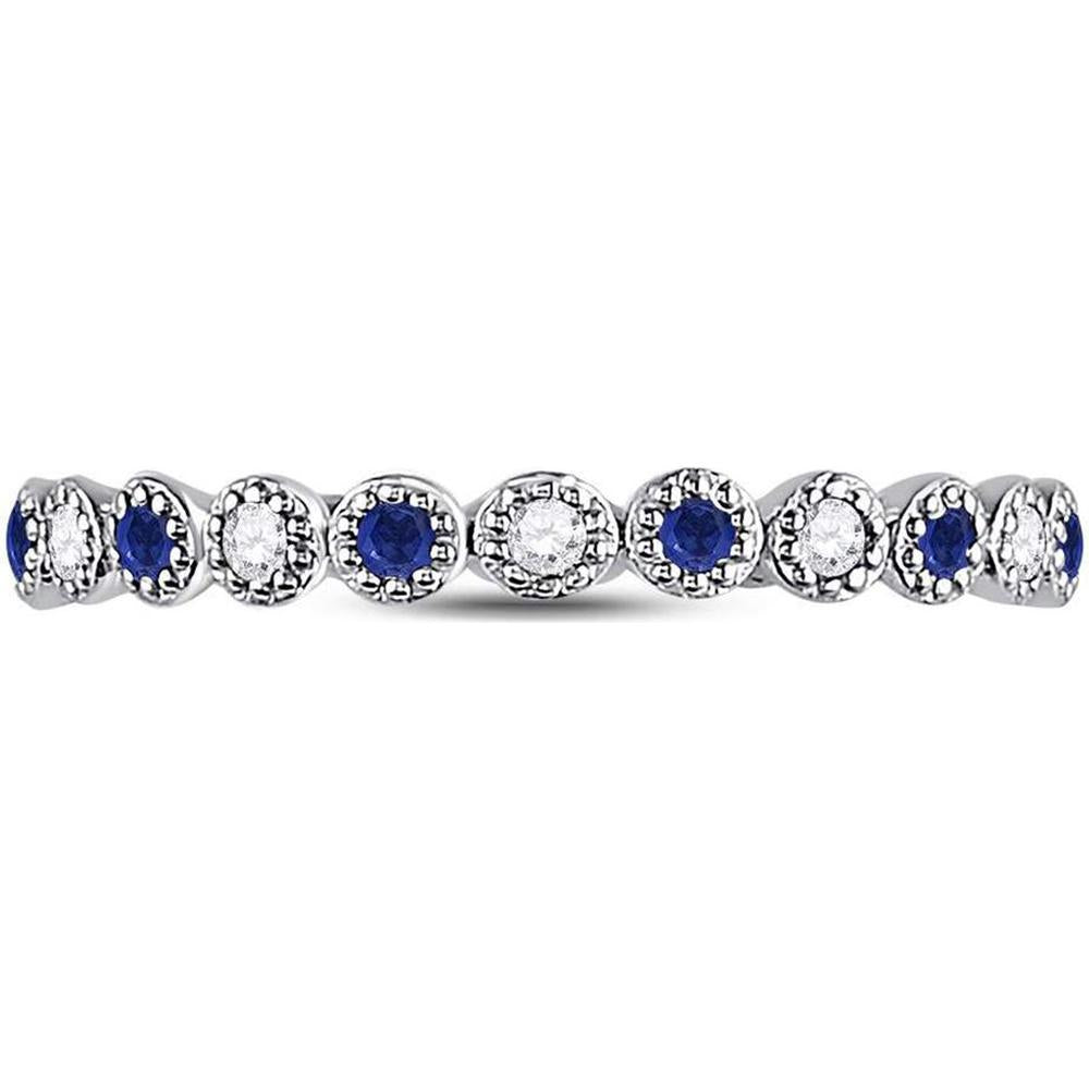 10K White Gold Round Blue Sapphire and Diamond Beaded Dot Stackable Band Ring - 0.15 Carat Total Gemstone Weight