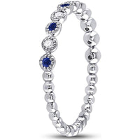 10K White Gold Round Blue Sapphire and Diamond Beaded Dot Stackable Band Ring - 0.15 Carat Total Gemstone Weight