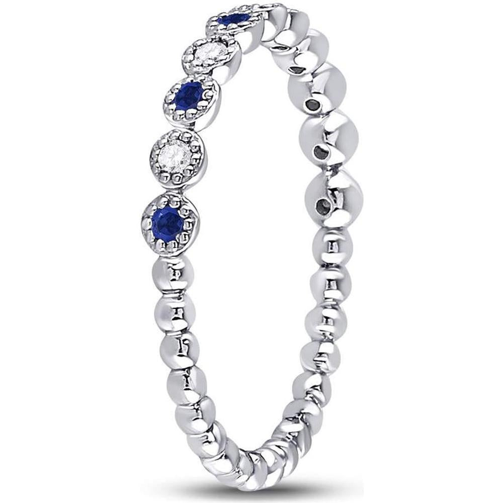 10K White Gold Round Blue Sapphire and Diamond Beaded Dot Stackable Band Ring - 0.15 Carat Total Gemstone Weight