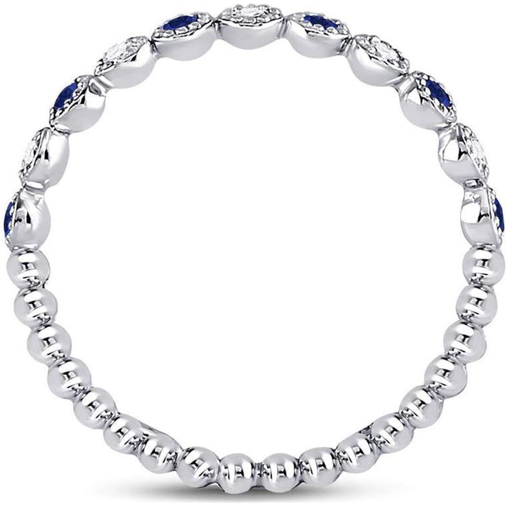 10K White Gold Round Blue Sapphire and Diamond Beaded Dot Stackable Band Ring - 0.15 Carat Total Gemstone Weight