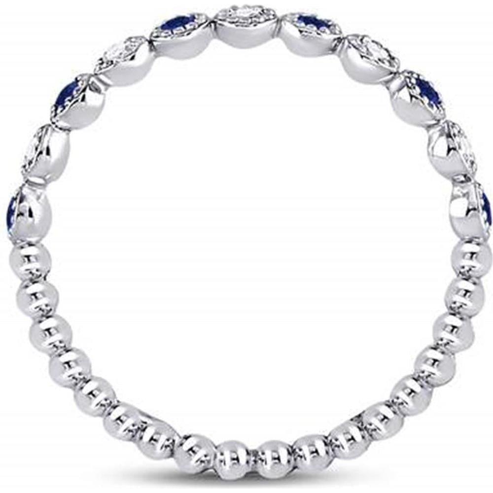 10K White Gold Round Blue Sapphire and Diamond Beaded Dot Stackable Band Ring - 0.15 Carat Total Gemstone Weight
