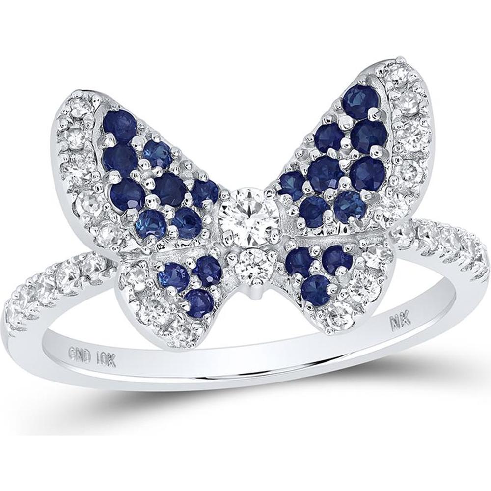10K White Gold Round Blue Sapphire and Diamond Butterfly Ring - 5/8 Carat Total Gemstone Weight