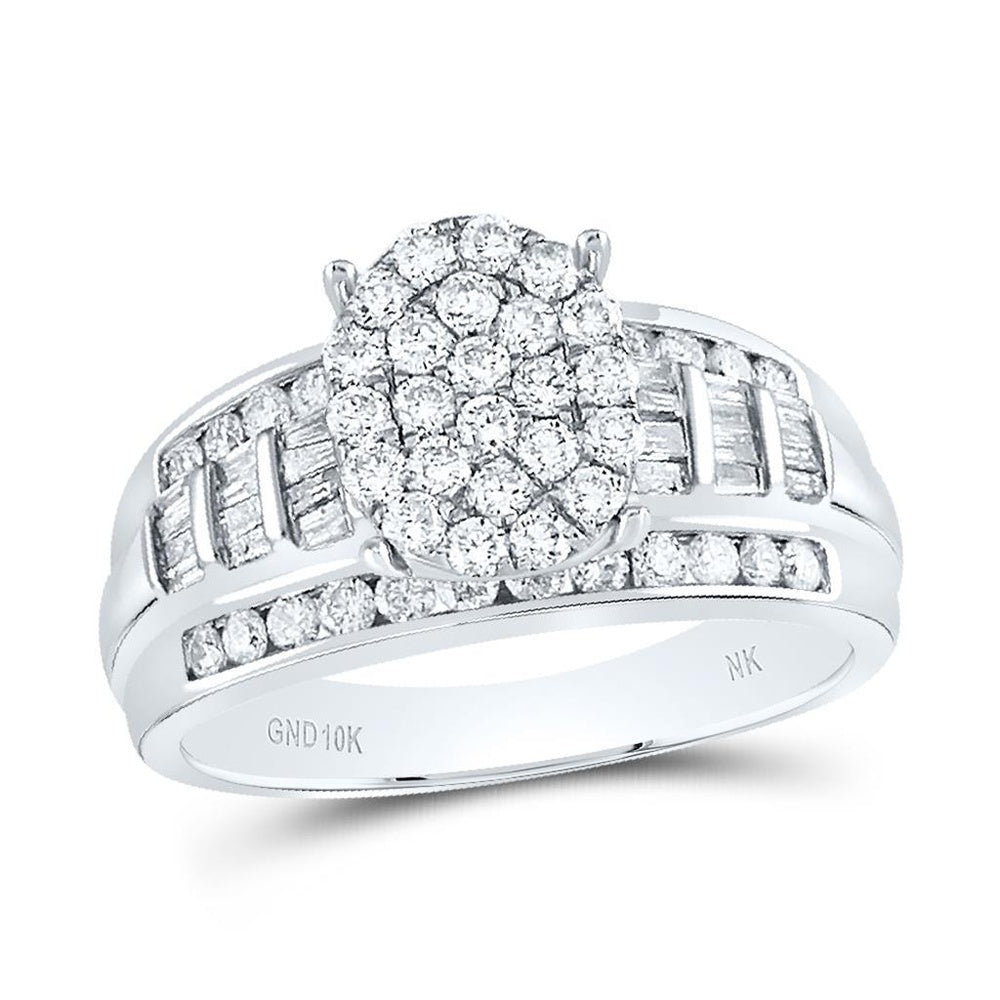 10K White Gold Round Cluster Bridal Engagement Ring with Round and Baguette Natural Diamonds - 1 Carat Total Diamond Weight