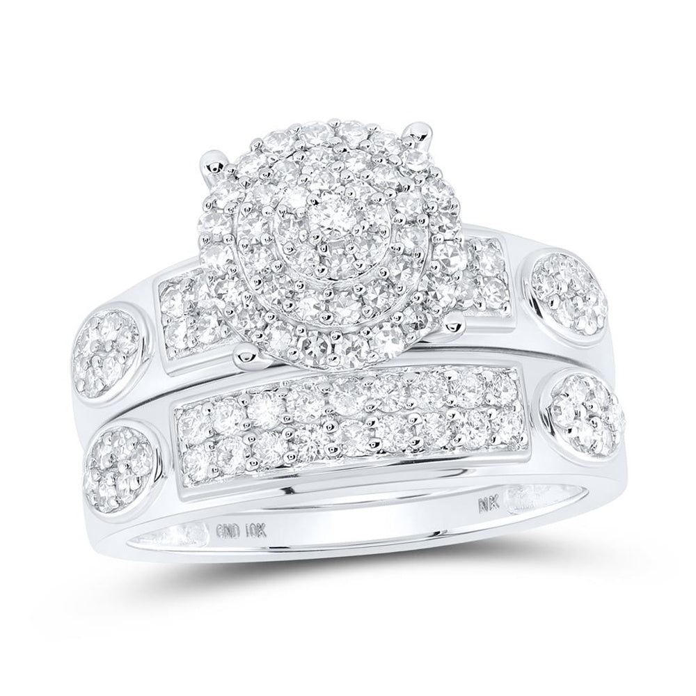 10K White Gold Round Diamond Bridal Ring Set - 1 and 3/8 Carat Total Diamond Weight