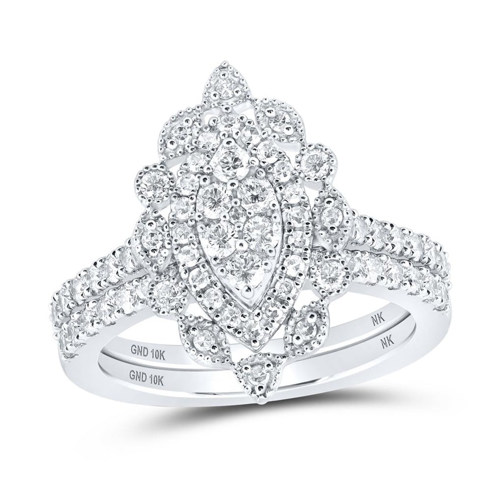 10K White Gold Round Diamond Bridal Ring Set - 1 Carat Total Diamond Weight