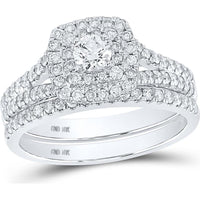 10K White Gold Round Diamond Bridal Wedding Ring Set with Halo - 1 Carat Total Diamond Weight
