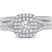 10K White Gold Round Diamond Bridal Wedding Ring Set with Halo - 1 Carat Total Diamond Weight