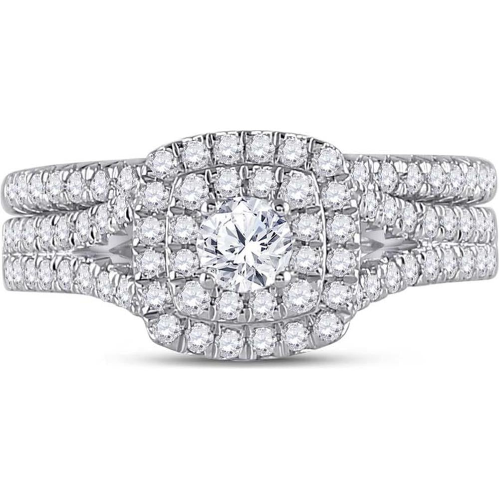 10K White Gold Round Diamond Bridal Wedding Ring Set with Halo - 1 Carat Total Diamond Weight