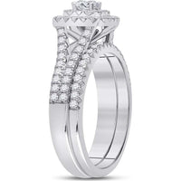 10K White Gold Round Diamond Bridal Wedding Ring Set with Halo - 1 Carat Total Diamond Weight