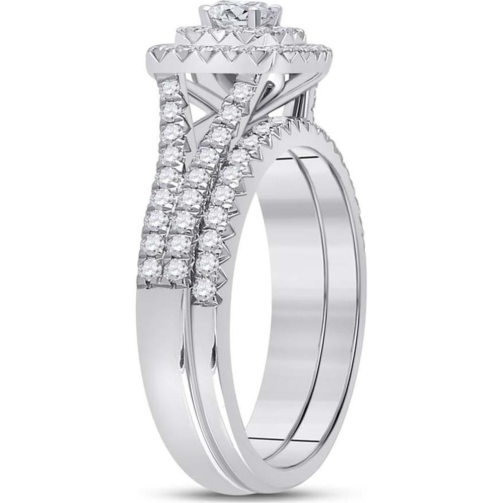 10K White Gold Round Diamond Bridal Wedding Ring Set with Halo - 1 Carat Total Diamond Weight