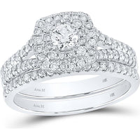 10K White Gold Round Diamond Bridal Wedding Ring Set with Halo - 1 Carat Total Diamond Weight