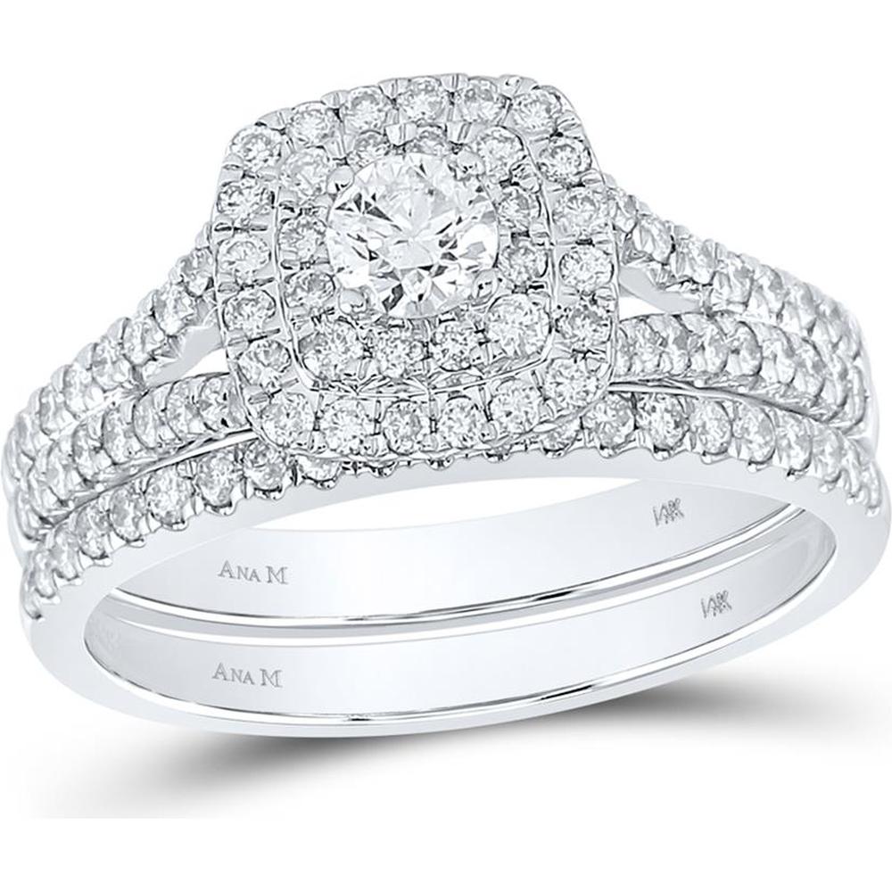10K White Gold Round Diamond Bridal Wedding Ring Set with Halo - 1 Carat Total Diamond Weight