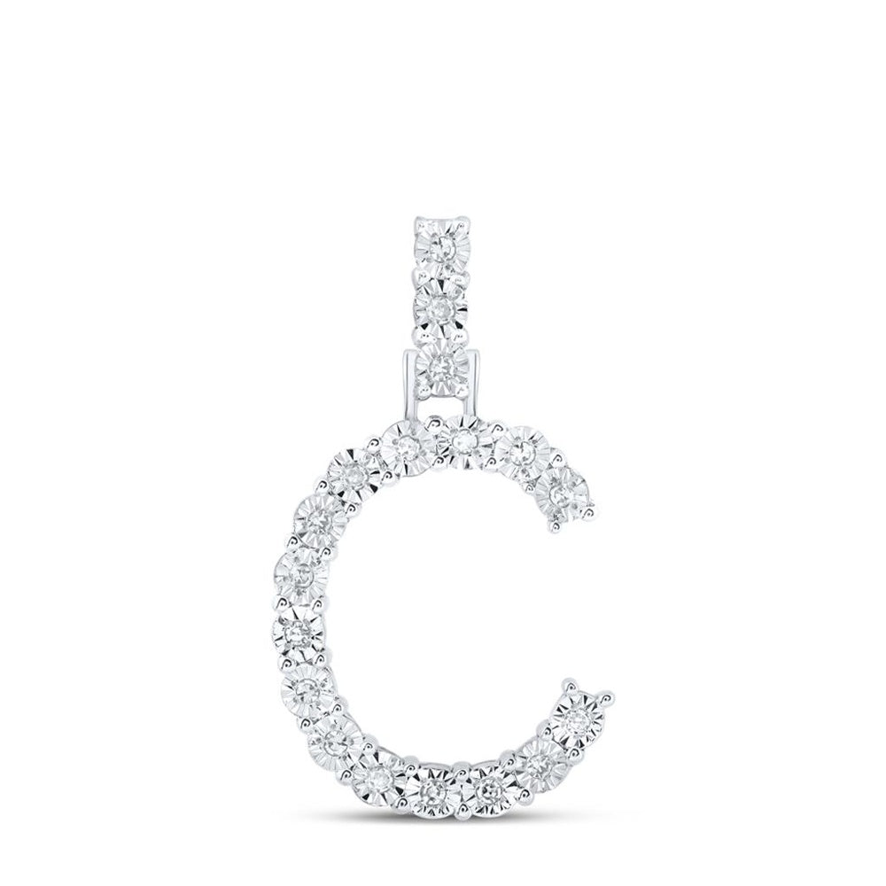 10K White Gold Round Diamond C Initial Letter Pendant - 1/10 Carat Total Diamond Weight