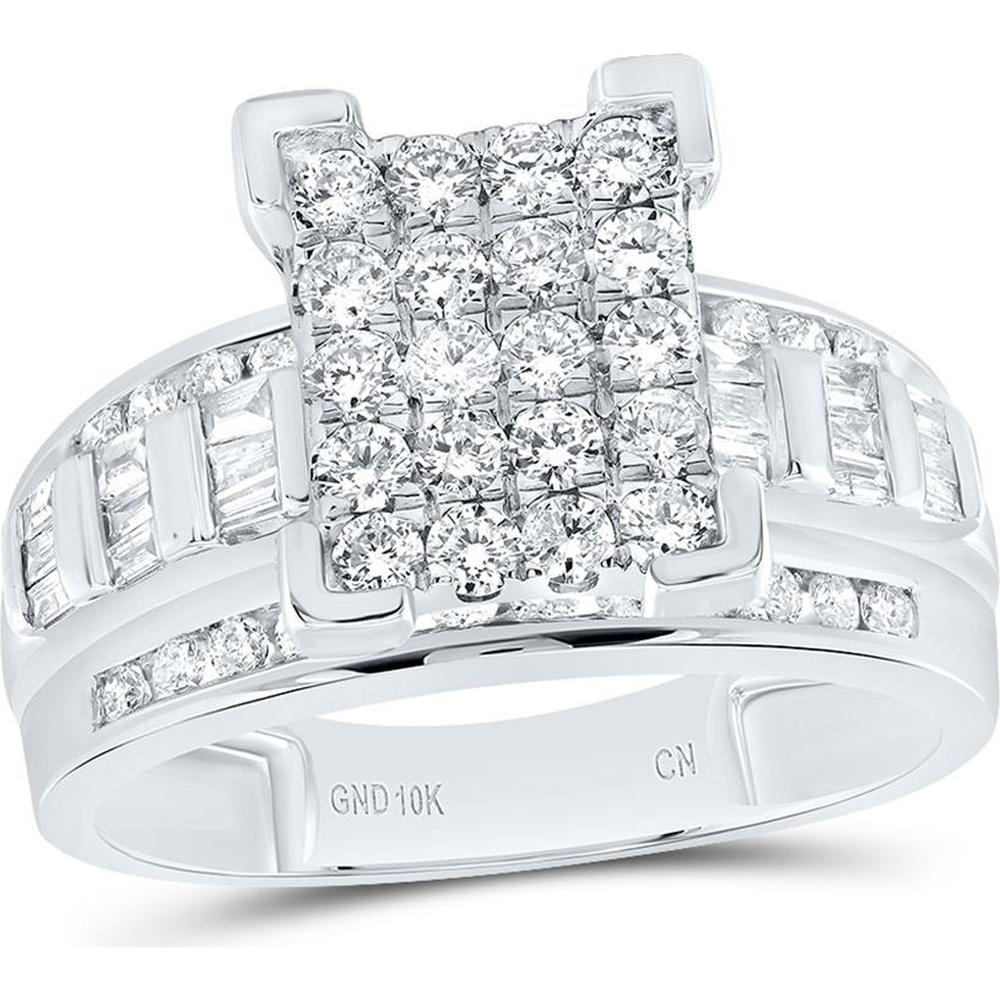 10K White Gold Round Diamond Cinderella Cluster Engagement Ring with Baguette Diamonds - 1 Carat Total Diamond Weight