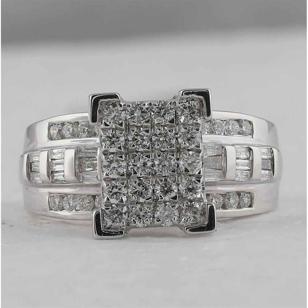 10K White Gold Round Diamond Cinderella Cluster Engagement Ring with Baguette Diamonds - 1 Carat Total Diamond Weight