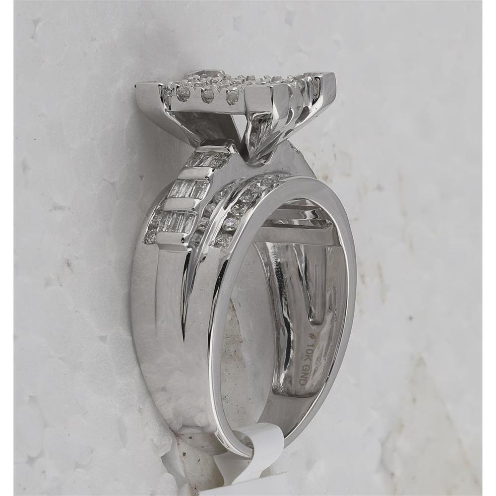 10K White Gold Round Diamond Cinderella Cluster Engagement Ring with Baguette Diamonds - 1 Carat Total Diamond Weight