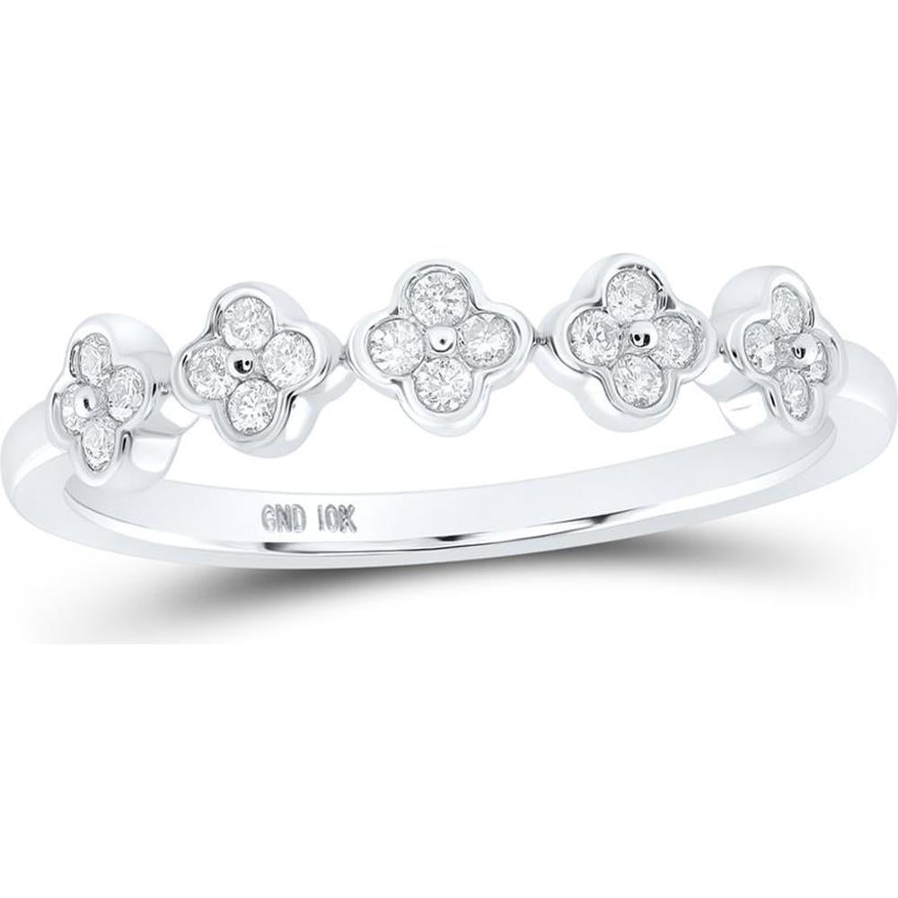 10K White Gold Round Diamond Clover Stackable Band Ring - 1/6 Carat Total Diamond Weight