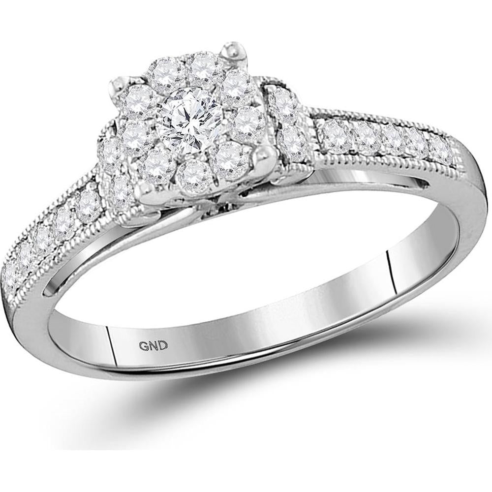 10K White Gold Round Diamond Cluster Bridal Engagement Ring - 1/2 Carat Total Diamond Weight