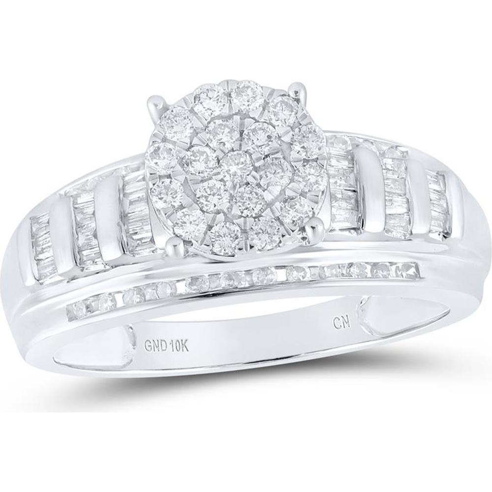 10K White Gold Round Diamond Cluster Bridal Engagement Ring with 1/2 Carat Total Diamond Weight