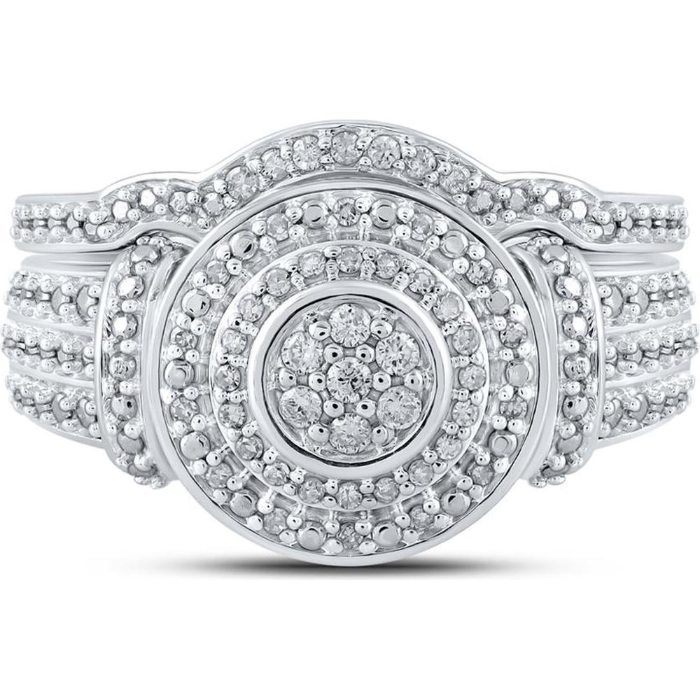 10K White Gold Round Diamond Cluster Bridal Wedding Ring Set - 1/5 Carat Total Diamond Weight