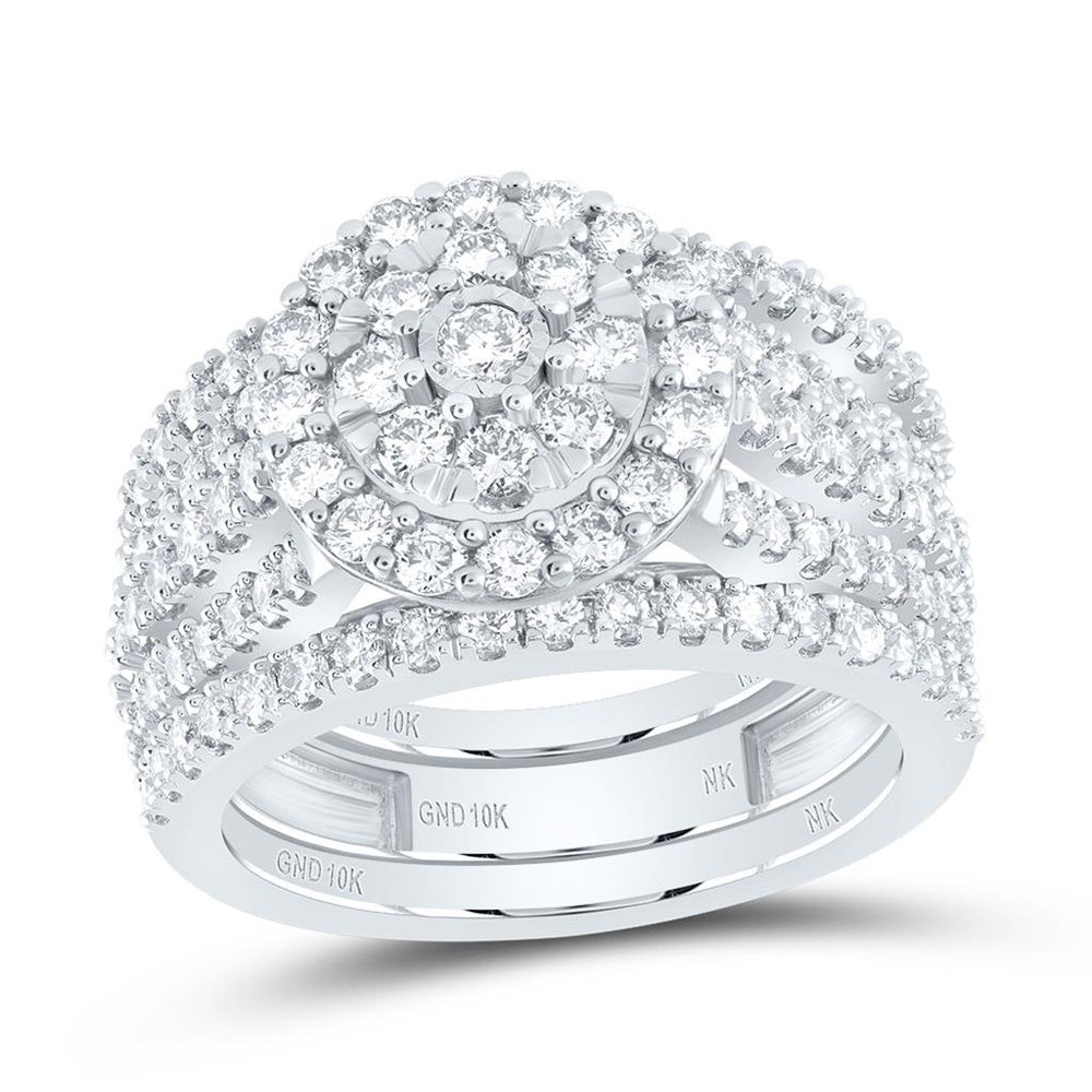 10K White Gold Round Diamond Cluster Bridal Wedding Ring Set 1 (Certified) - 1 and 7/8 Carat Total Diamond Weight