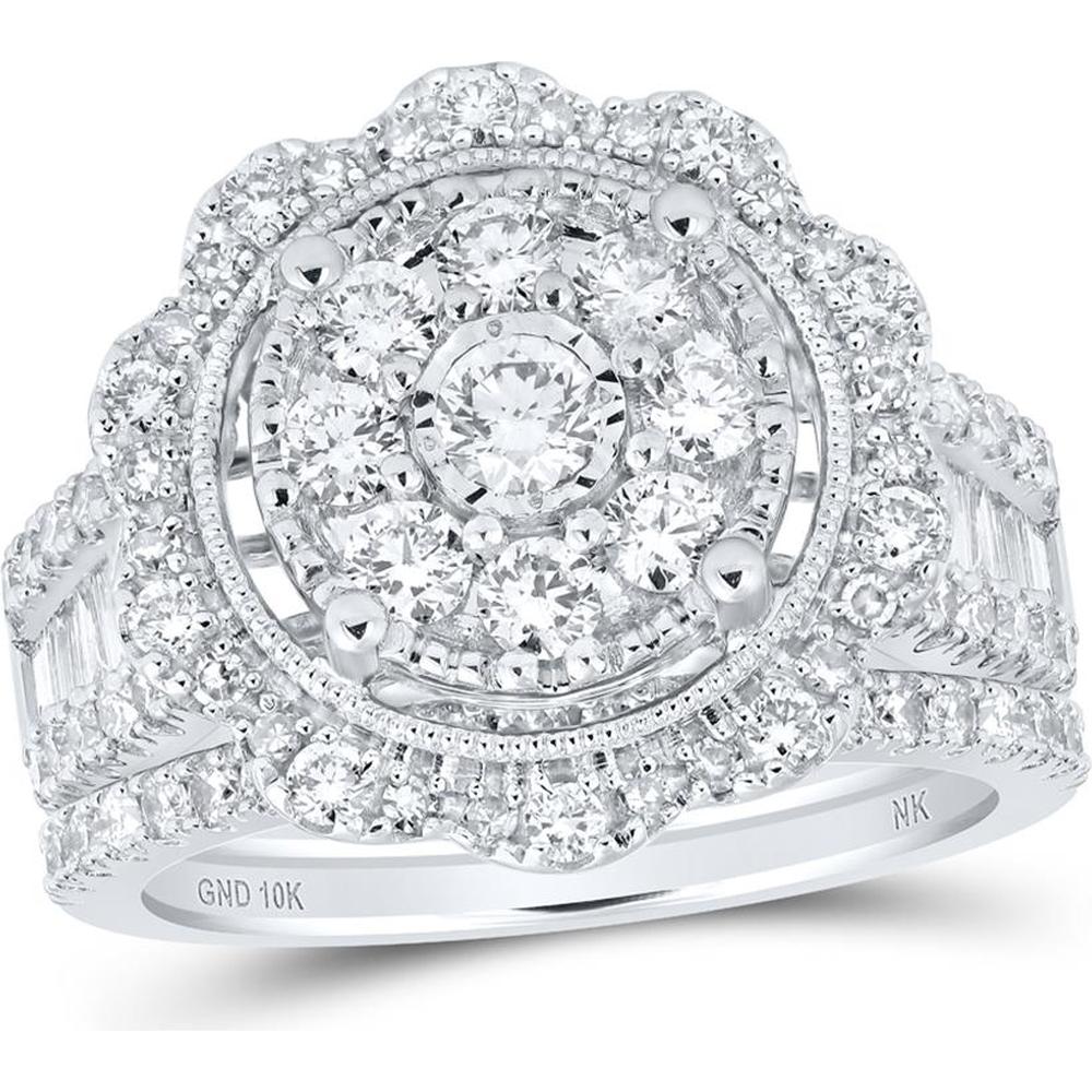 10K White Gold Round Diamond Cluster Bridal Wedding Ring Set with 2 Carat Total Diamond Weight