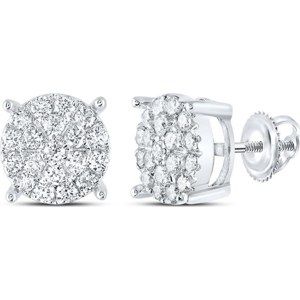 10K White Gold Round Diamond Cluster Earrings - 1 Carat Total Diamond Weight