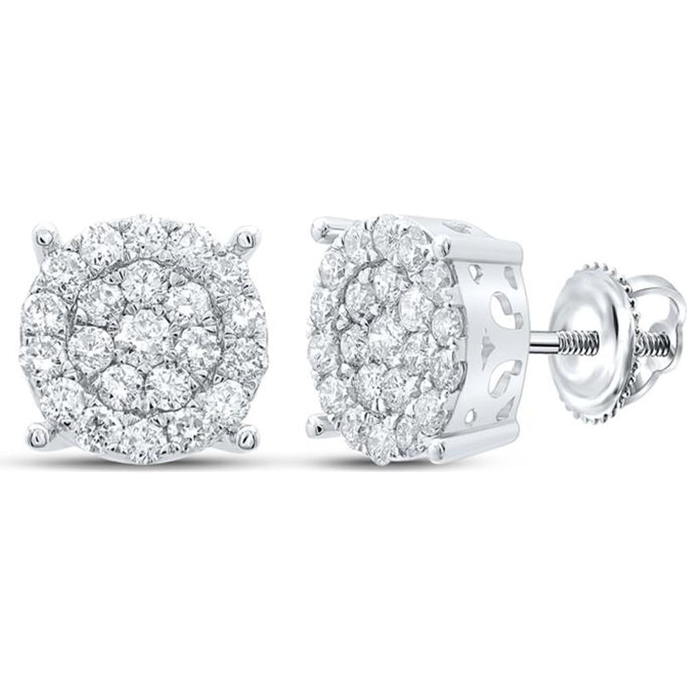 10K White Gold Round Diamond Cluster Earrings - 1 Carat Total Diamond Weight