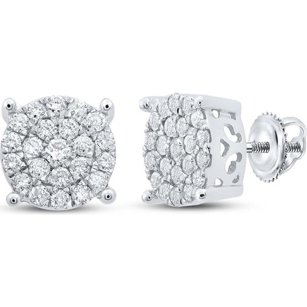10K White Gold Round Diamond Cluster Earrings - 3/4 Carat Total Diamond Weight