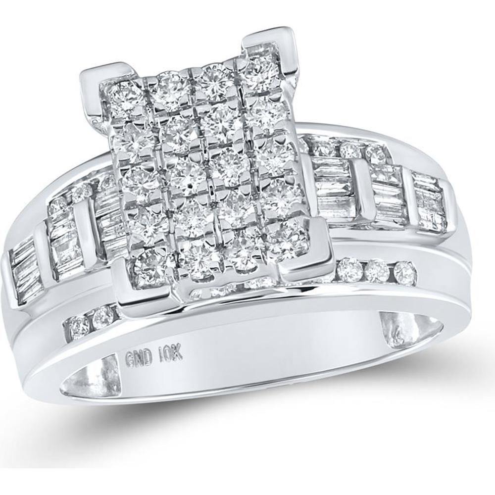 10K White Gold Round Diamond Cluster Engagement Ring with Channel-set Diamonds - 1 Carat Total Diamond Weight
