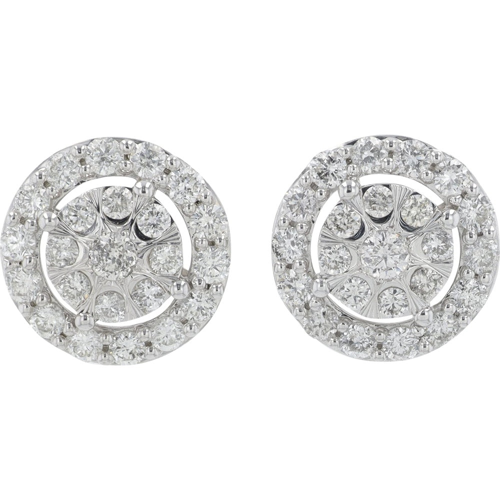 10K White Gold Round Diamond Cluster Halo Stud Earrings - 1.00 Carat Total Diamond Weight