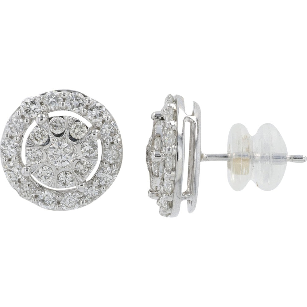 10K White Gold Round Diamond Cluster Halo Stud Earrings - 1.00 Carat Total Diamond Weight