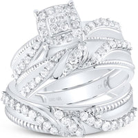 10K White Gold Round Diamond Cluster Matching Wedding Ring Set - 1.00 Carat Total Diamond Weight