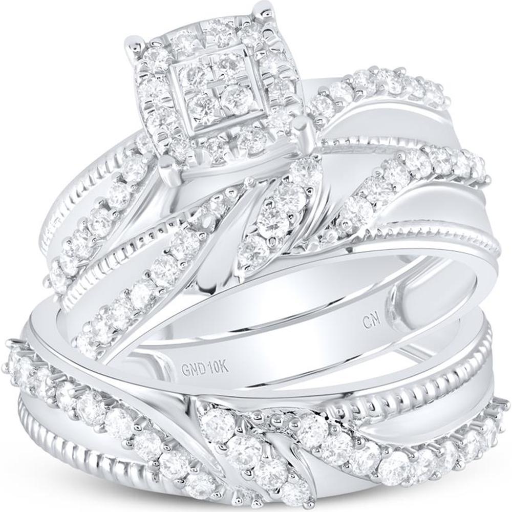 10K White Gold Round Diamond Cluster Matching Wedding Ring Set - 1.00 Carat Total Diamond Weight