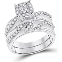 10K White Gold Round Diamond Cluster Matching Wedding Ring Set - 1.00 Carat Total Diamond Weight