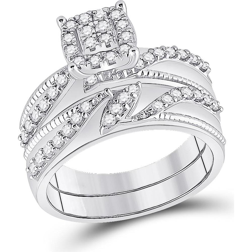 10K White Gold Round Diamond Cluster Matching Wedding Ring Set - 1.00 Carat Total Diamond Weight