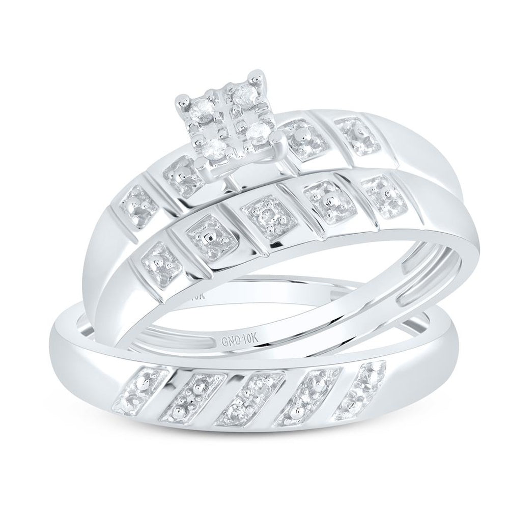 10K White Gold Round Diamond Cluster Matching Wedding Ring Set - 1/12 Carat Total Diamond Weight