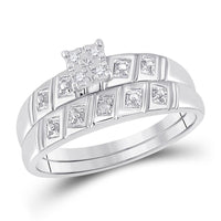 10K White Gold Round Diamond Cluster Matching Wedding Ring Set - 1/12 Carat Total Diamond Weight