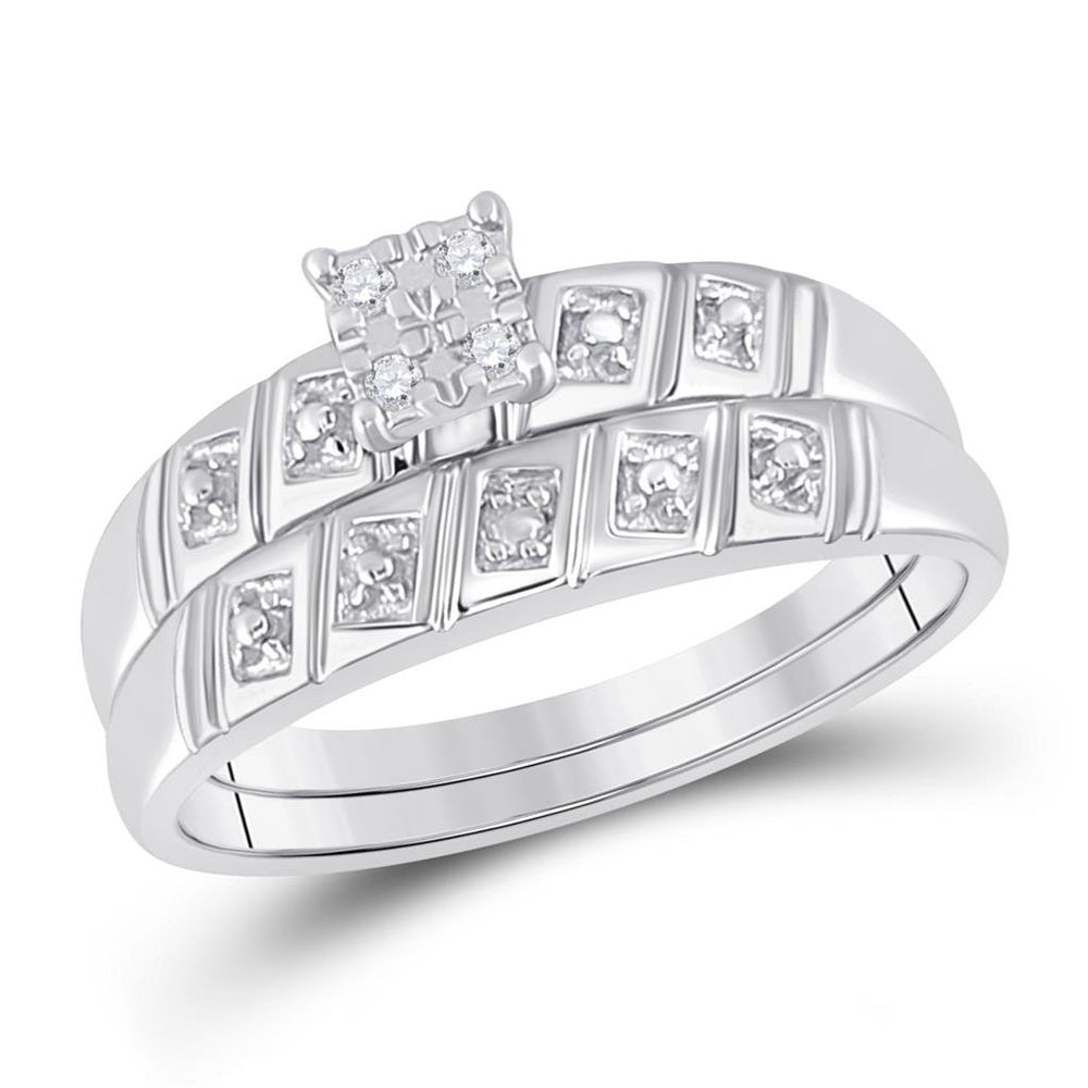 10K White Gold Round Diamond Cluster Matching Wedding Ring Set - 1/12 Carat Total Diamond Weight