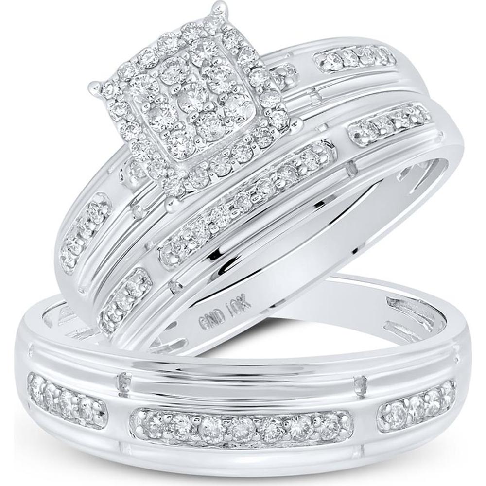 10K White Gold Round Diamond Cluster Matching Wedding Ring Set - 1/2 Carat Total Diamond Weight